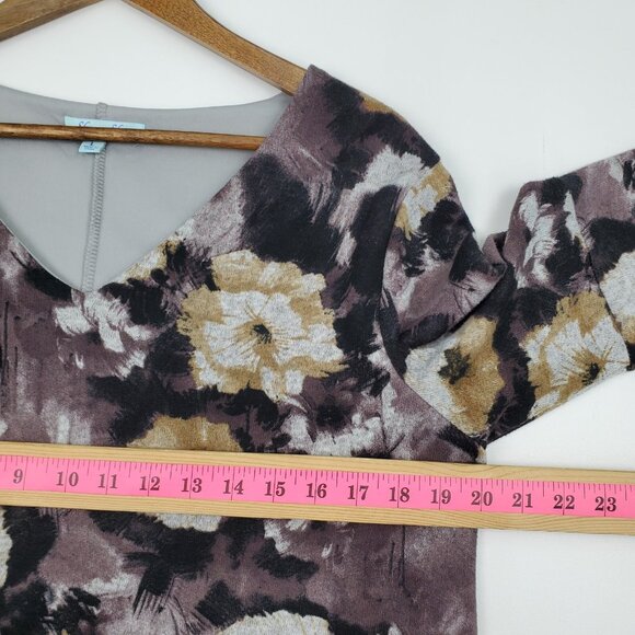 Womens L Boho Floral Mini Dress Long Sleeve Purple Yellow V-Neck Tunic Lined - Picture 13 of 15